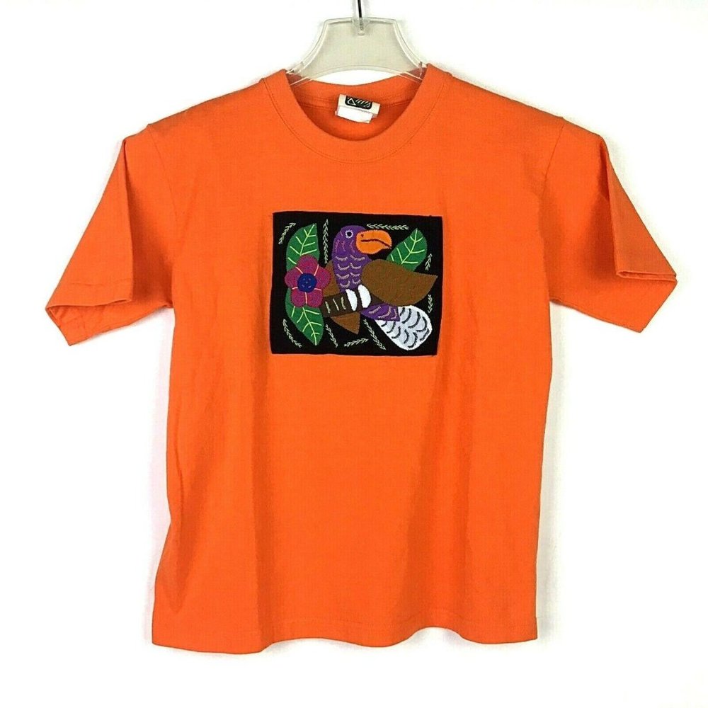 Vintage My Name Is Panama XL Orange Quilted Patch Embroidered Bird TShirt Casual